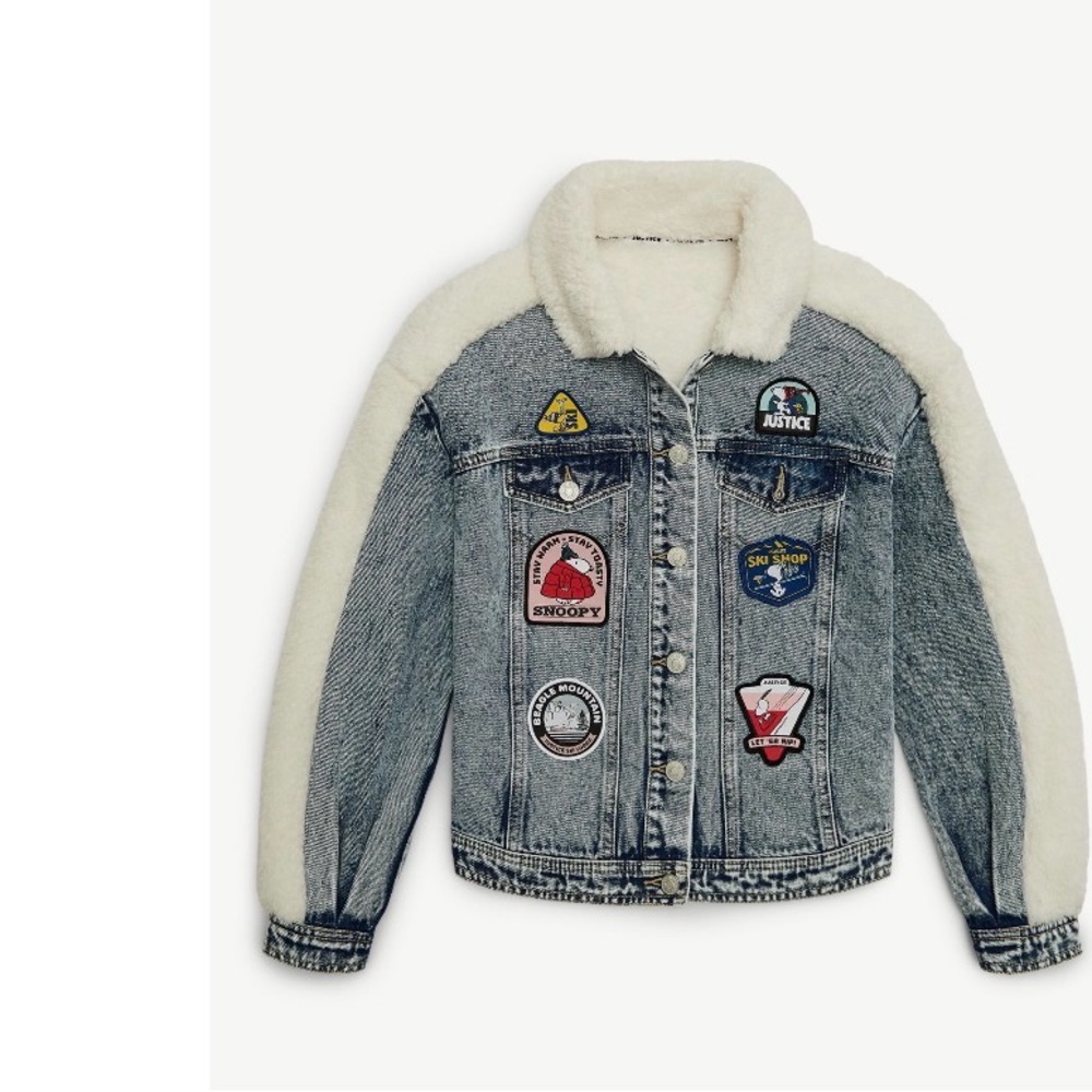 Justice warm Light Blue Denim Jacket with snoopy Patches sz L nwt - Picture 5 of 5